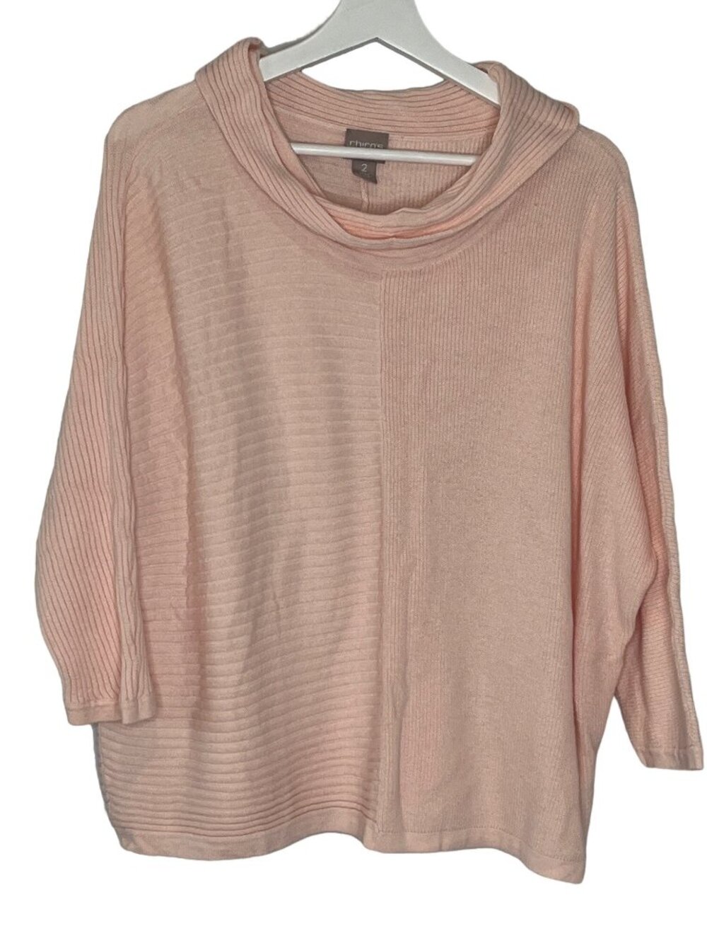 Chicos Sweater Womens 2 Large Pink Cowl Neck Ribbed Dolman Cozy Quiet Luxury